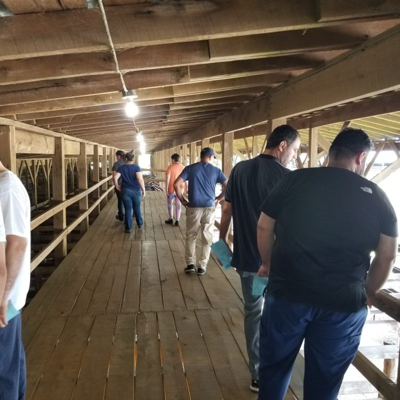 A group of people inside a barn.