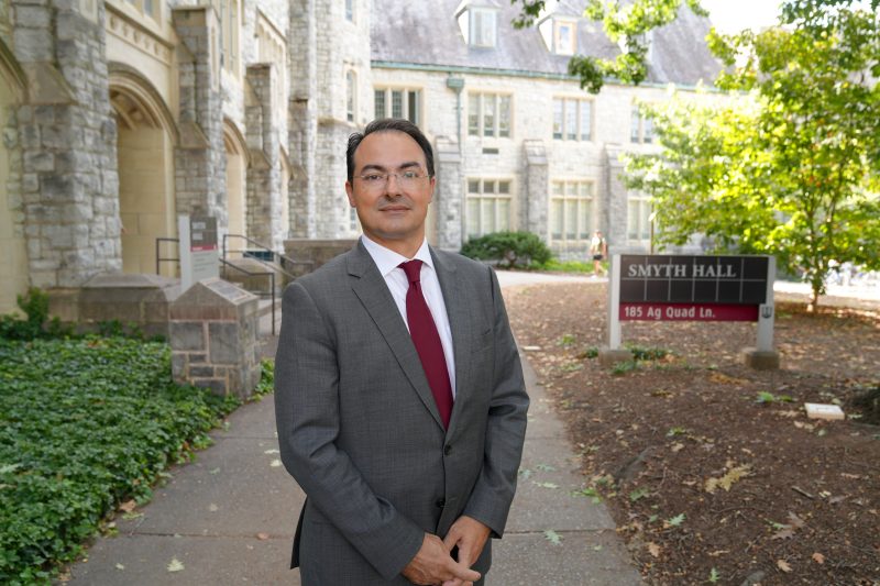 Mario Ferruzzi, dean of the College of Agriculture and Life Sciences at Virginia Tech, standing outside Smyth Hall on the Ag Quad.