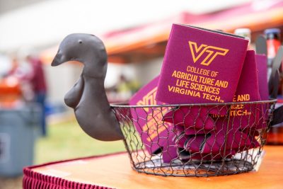 Basket shaped like a turkey holding CALS-branded koozies